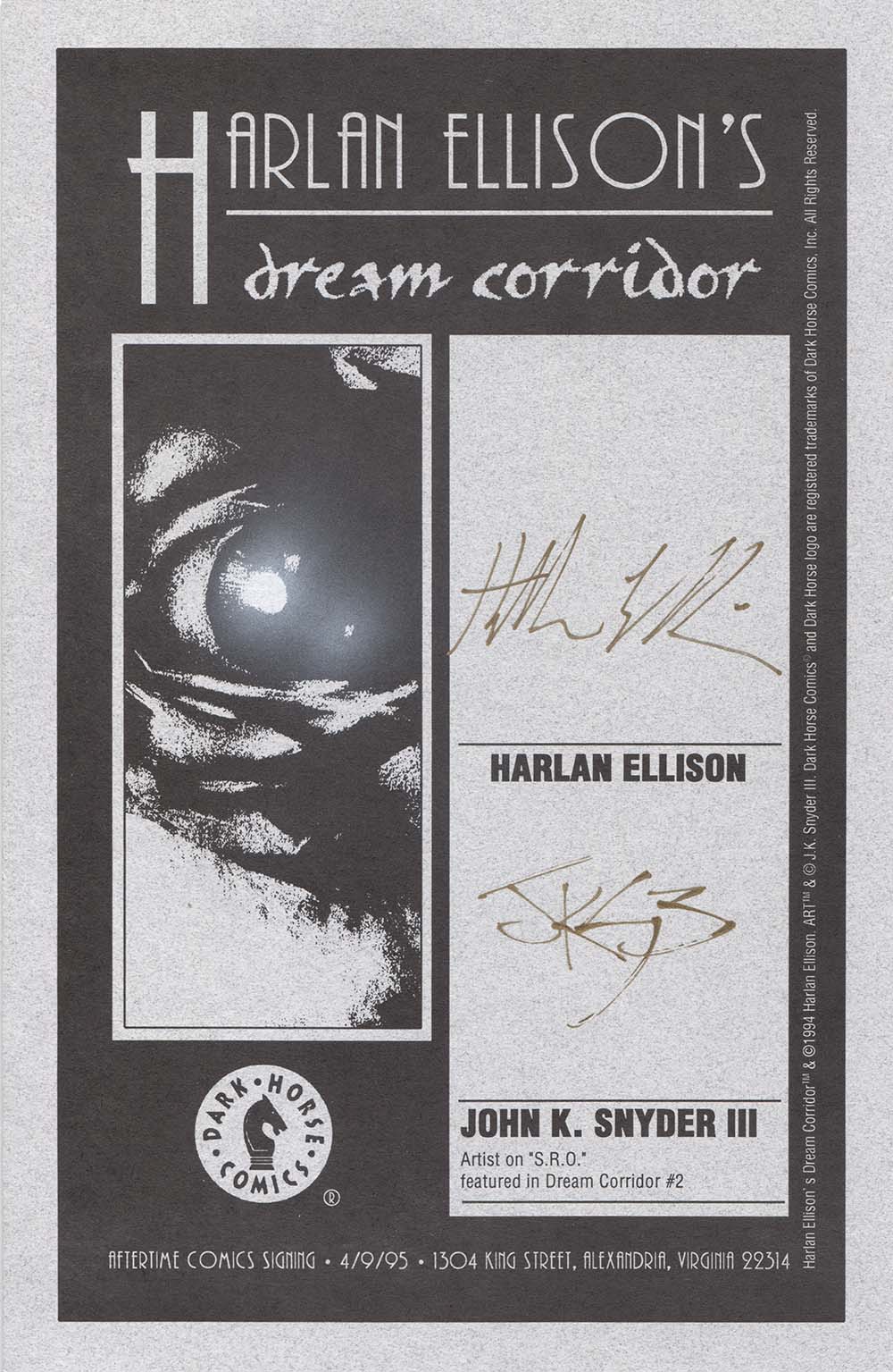 Harlan Ellison's Dream Corridor #2, signed book plate, art by John K. Snyder III